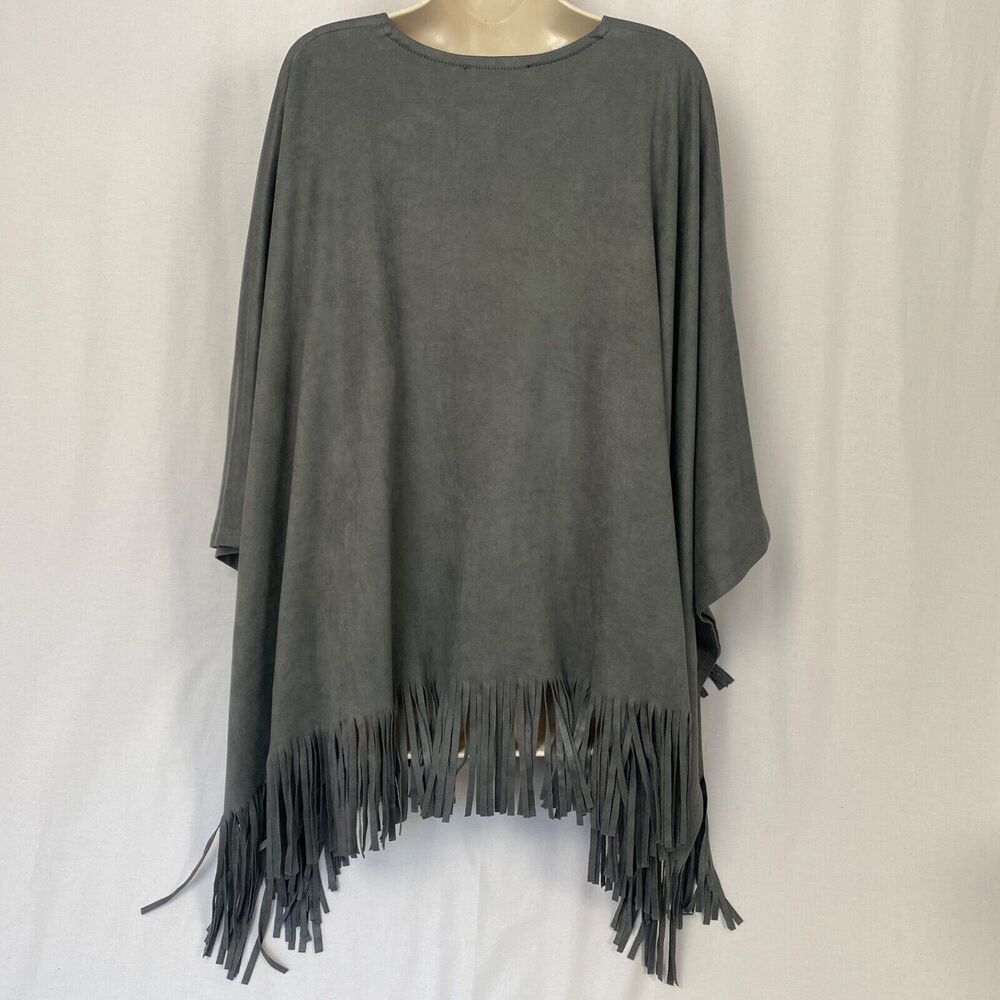 Karen Kane Poncho Womens Small Medium Gray Faux Suede Fringe Western Boho Chic - Picture 2 of 10
